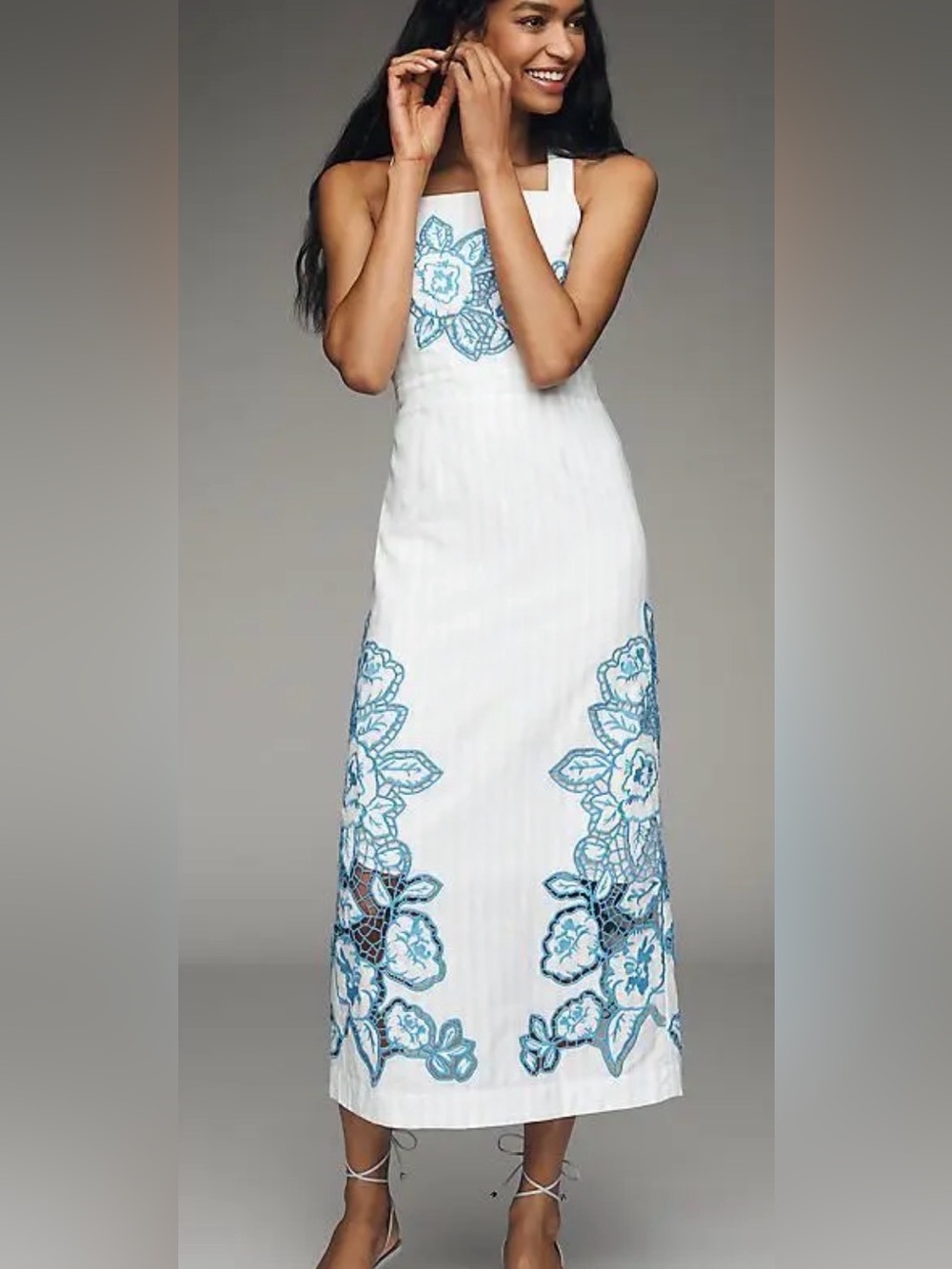 Aston studio Aria linen blend White Maxi Dress with Blue Floral Embroidery size